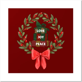 Holiday Christmas wreath with gifts of Love Joy and Peace Posters and Art